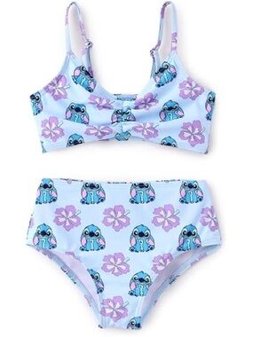 NWT Disney Stitch 12-13Y Girls' Light Blue Floral & Character Two-Piece Swim Set
